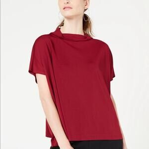 Alfani Short Sleeve Cranberry Red Mock Neck Cowl Pullover Popover Top Petite L